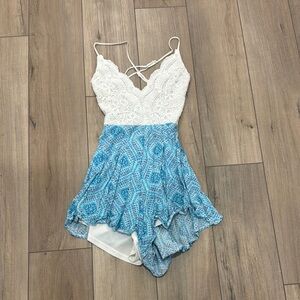 Lace and Blue Patterned Romper
